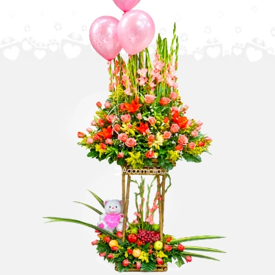 Arreglo Floral De Dos Pisos Con Frutas Y Peluche A Domicilio En Cali 