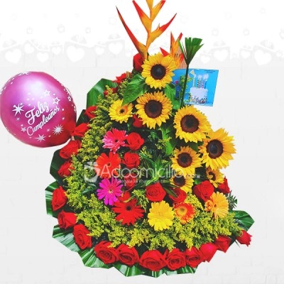 Arreglo Floral con Rosas, Gerberas, Girasoles y Globo A Domicilio en Manizales