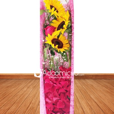 Cajas de flores Cali Caja x 3 girasoles + 1 rosa y petalos