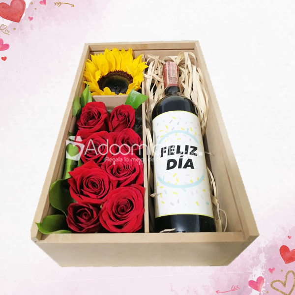 Caja De Rosas, Girasol Y Vino Regalos Amor y Amistad A Domicilio Bogotá