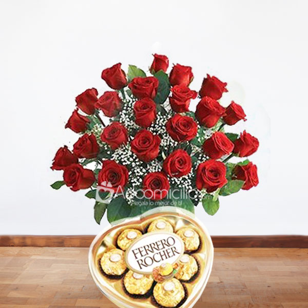Arreglos florales a domicilio en bogota Ramo de Flores con 24 rosas rojas con chocolates ferrero