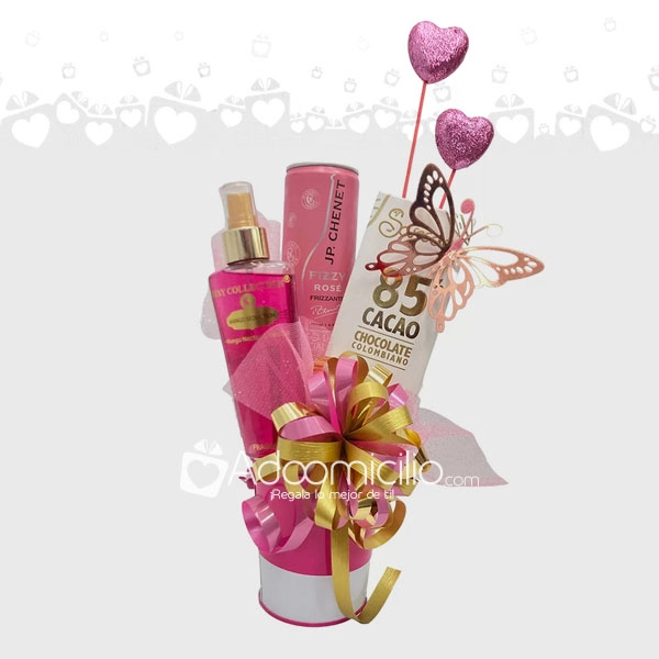 Ancheta para Mujer con Champagne, chocolate, Splash y Detalle Mariposa Regalos a Domicilio en Bogotá