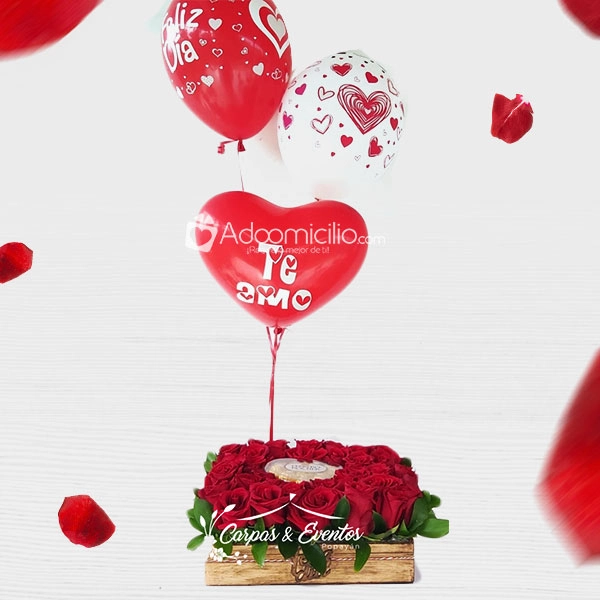 Corazón de amor Caja de Rosas con Chocolates Ferrero y Globos con Helio A Domicilio En Popayán Pedido Con 1 Día De Anticipación