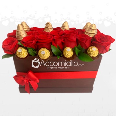 Sueños Dorados Caja de Rosas Y Fresas Con Chocolate A Domicilio En Medellin