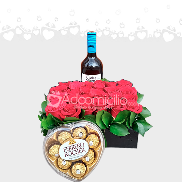 Regalo En San Valentin Caja de Rosas con Chocolates y Vino