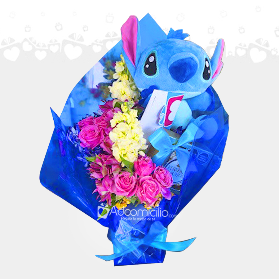 Flores Y Peluche De Stitich Para San Valentín A Domicilio En Bogotá Pedido Con Un Día De Anticipación 