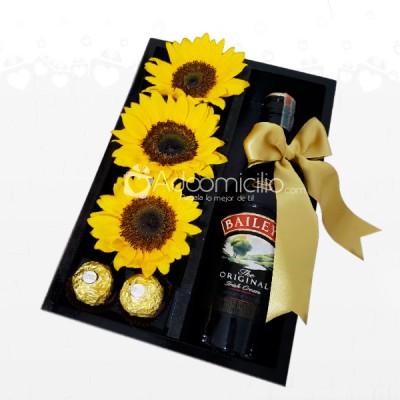 Regalos Para Hombre A Domicilio En Popayan Caja De Girasoles, Chocolates Y Baileys 