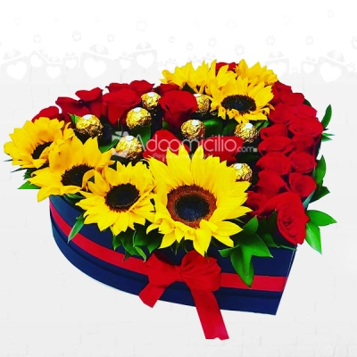 Corazón con Girasoles, Chocolates y Rosas A Domicilio en Manizales