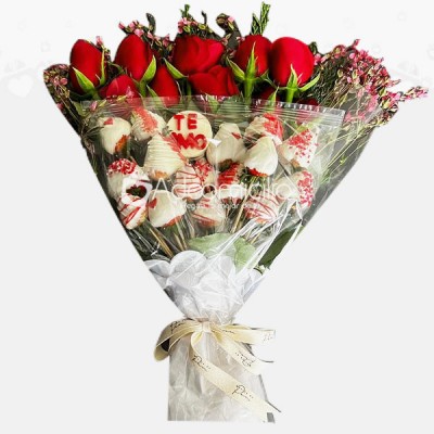 Arreglo floral  con fresas cubiertas de chocolate Cdmx